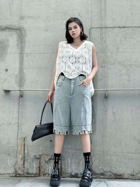 Raw Fringe Wide Denim Shorts