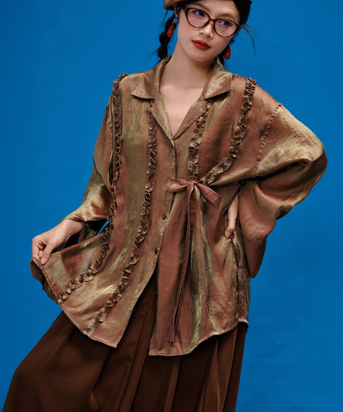 Metallic Ruffle Tie Blouse