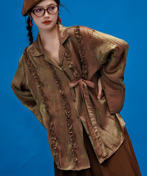 Metallic Ruffle Tie Blouse