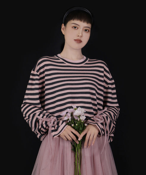 Ribbon Cuff Stripe Top
