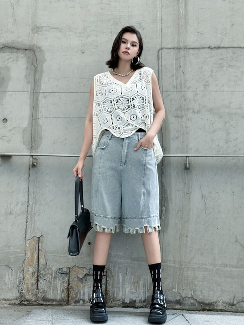 Raw Fringe Wide Denim Shorts