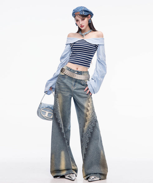 Crystal Dust Washed Wide Denim Pants