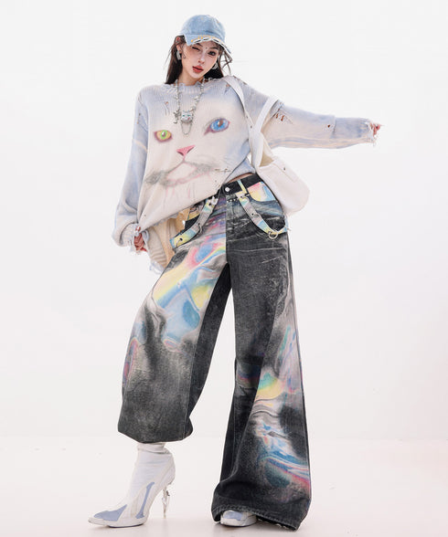 Iridescent Print Denim Wide Pants