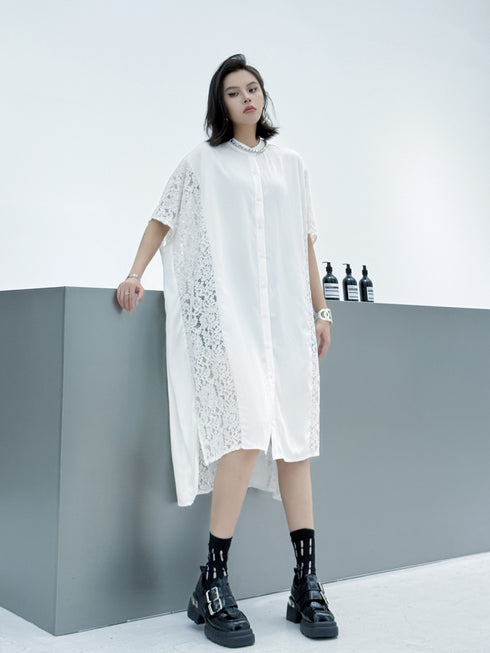 Lace Panel Relaxed Shirt Dress