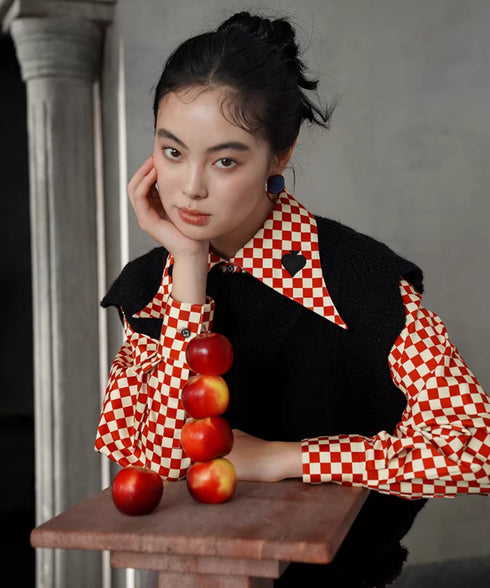 Checker Emblem Collar Blouse