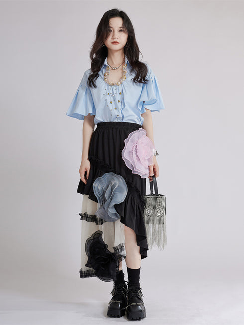 Beaded Collar Flare Blouse