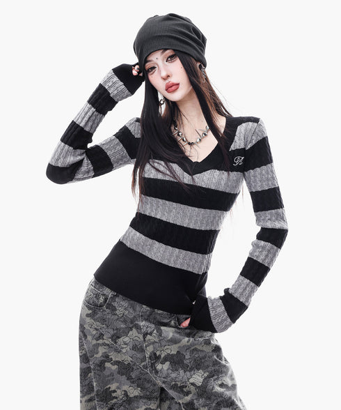 Cable Stripe VNeck Top