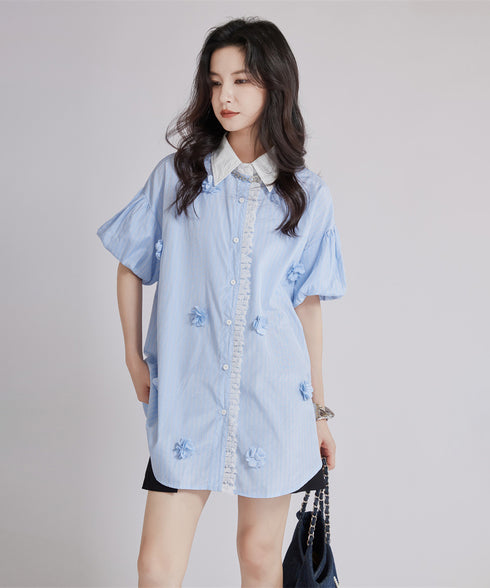 Striped Flower Puff Blouse