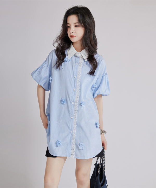 Striped Flower Puff Blouse