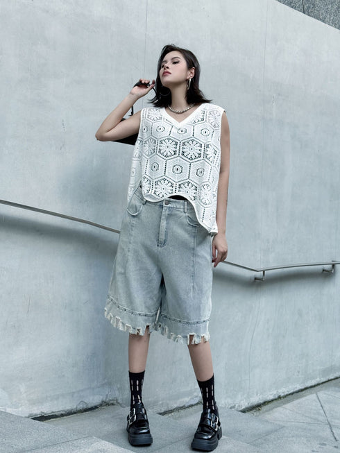 Raw Fringe Wide Denim Shorts