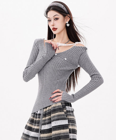 Lace Strap Off Shoulder Rib Top
