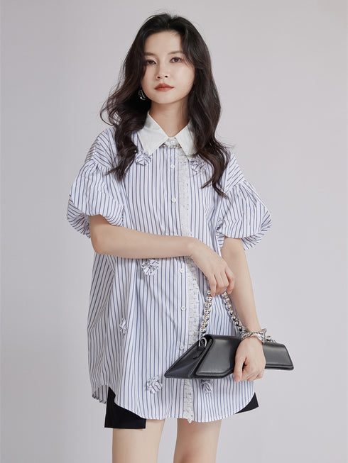 Striped Flower Puff Blouse