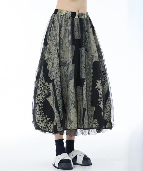 Lace Pattern Mesh Layered Skirt