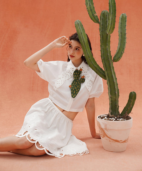 Cactus Cutwork Puff Sleeve Blouse