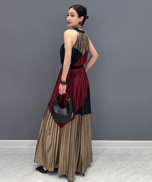 Tri-Color Pleated Halter Dress