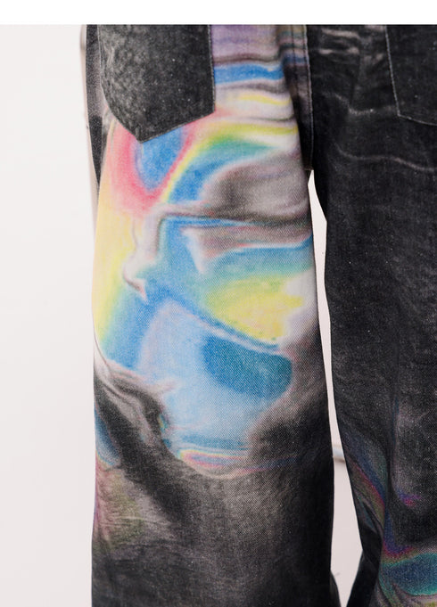 Iridescent Print Denim Wide Pants