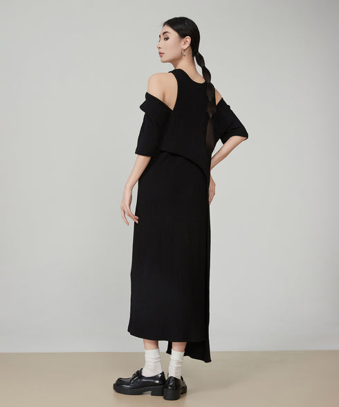 Shoulder-Slit Rib Dress
