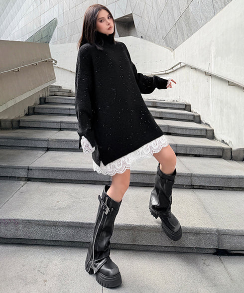 Frayed Contrast Knit Top