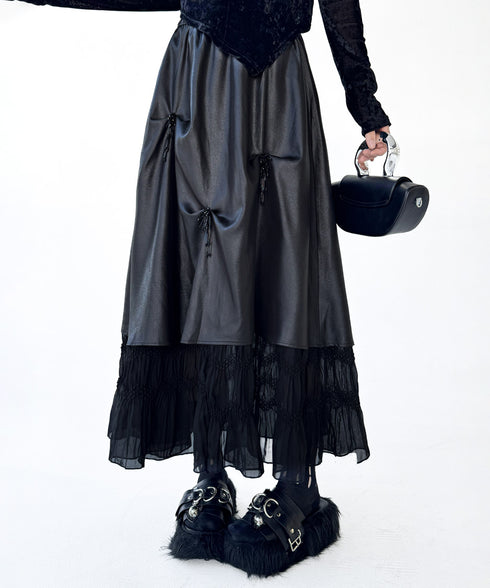 Glossy Gather Lace Hem Maxi Skirt