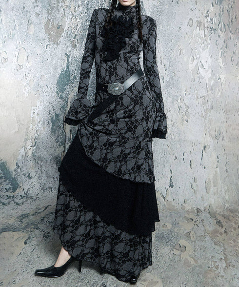 Lace Veil Ruffle Maxi Dress