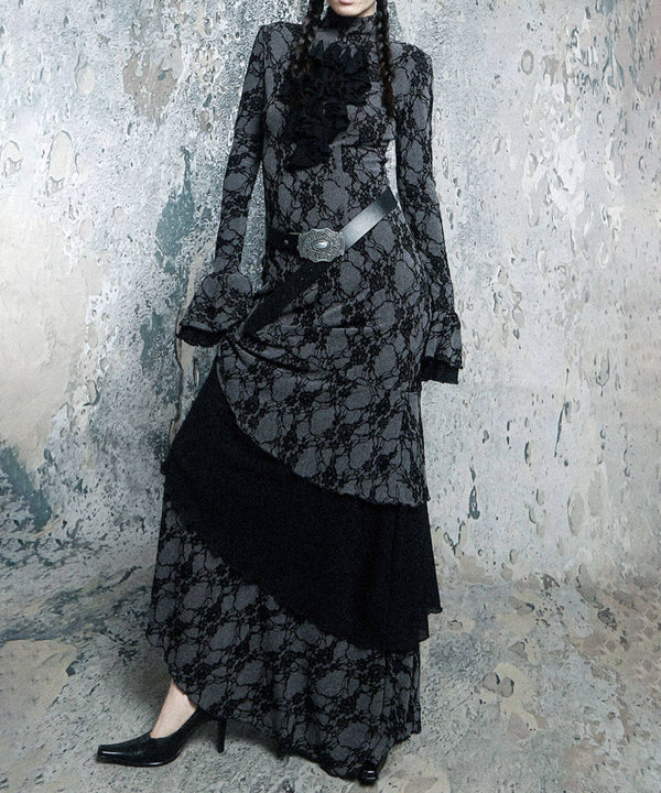 Lace Veil Ruffle Maxi Dress