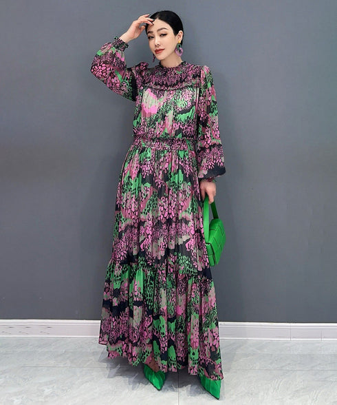 Abstract Print Tiered Long Dress