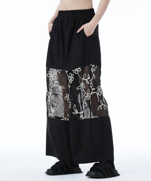 Sheer Floral Mesh Wide Pants