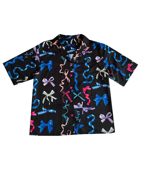 Ribbon Print Open Collar Blouse