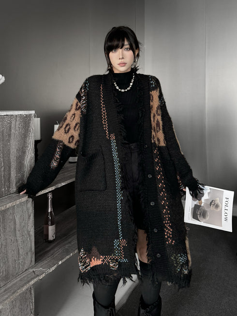 Frayed Leopard Patch Knit Cardigan