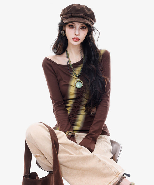 Diagonal Ruched Sheer Top