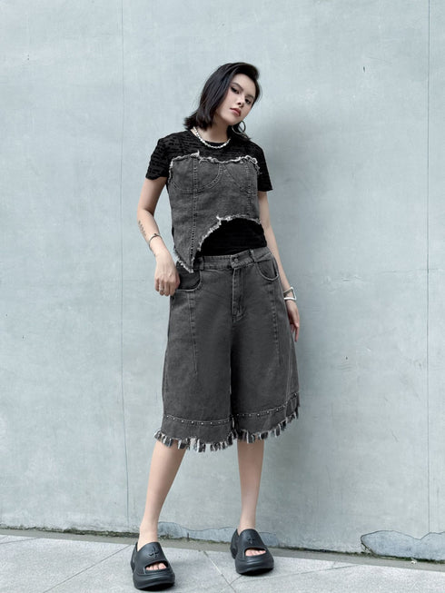 Raw Fringe Wide Denim Shorts