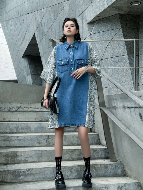Panel Mix Denim Dress