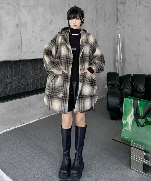 Oversized Plaid Hooded Coat