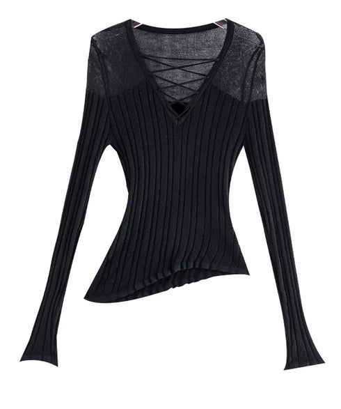 Sheer LaceUp Rib Top