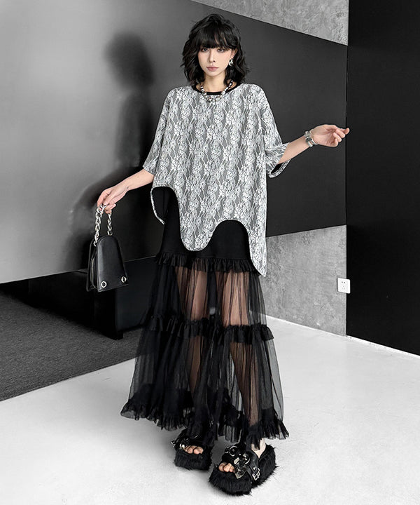 Wave Hem Lace Mesh Top