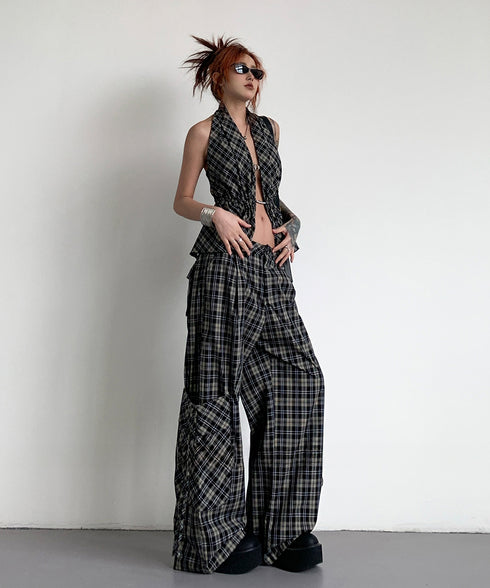 Plaid Vest Top & Cargo Wide Pants Series