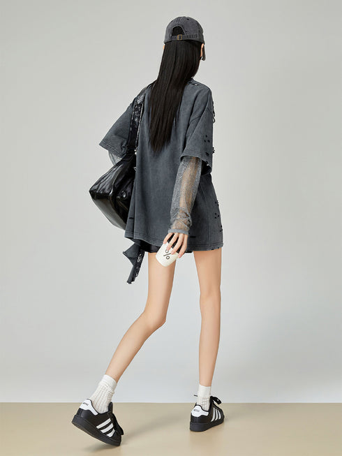 Lace Layered Distressed Top