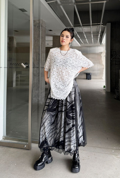 Abstract Mesh Flare Skirt