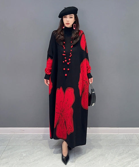 Floral Motif Knit Long Dress