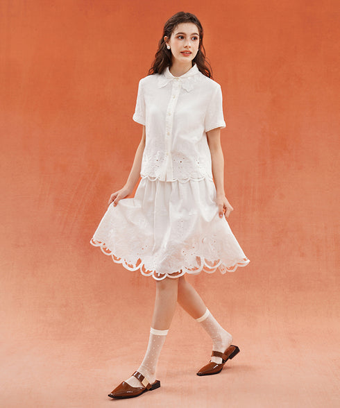 Embroidered Collar Short Sleeve Blouse