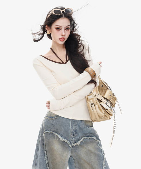 Back Line Strap V Neck Top