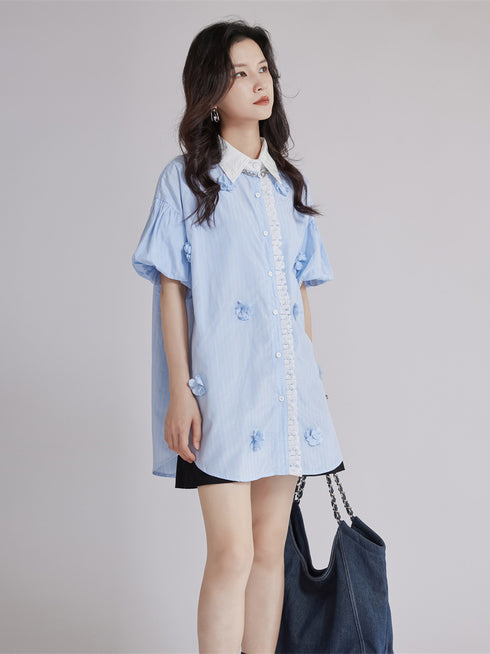 Striped Flower Puff Blouse