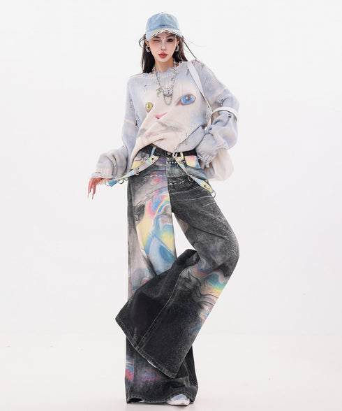 Iridescent Print Denim Wide Pants