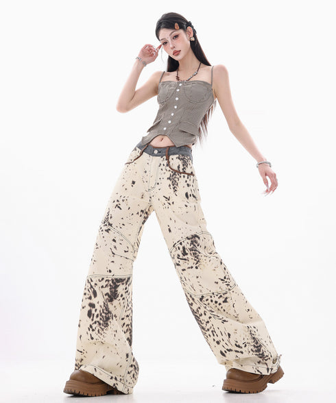 Speckled Panel Wide Denim Pants