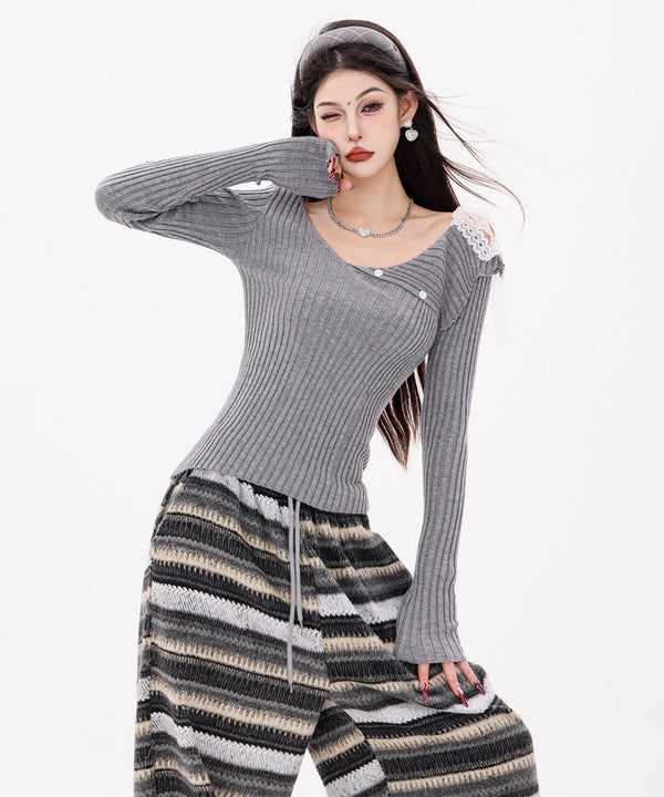 Lace Strap Off Shoulder Rib Top