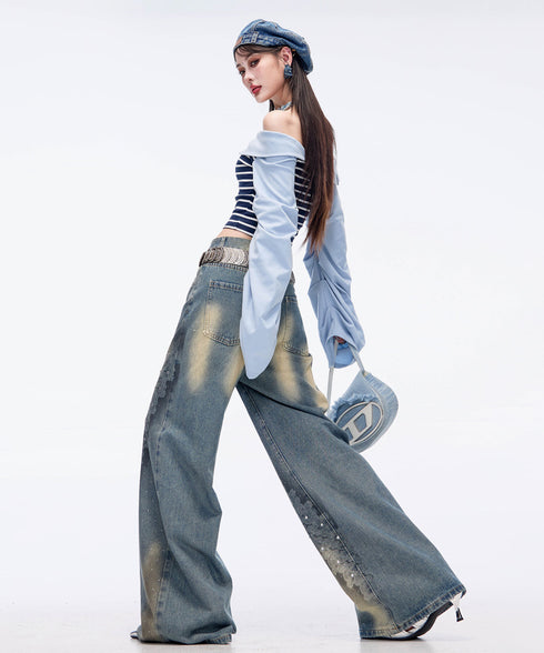 Crystal Dust Washed Wide Denim Pants