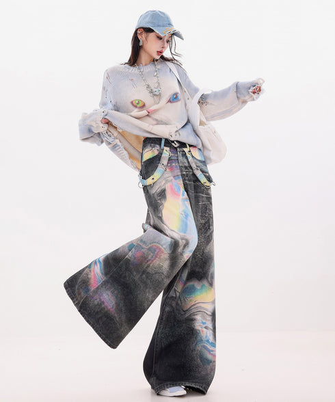 Iridescent Print Denim Wide Pants