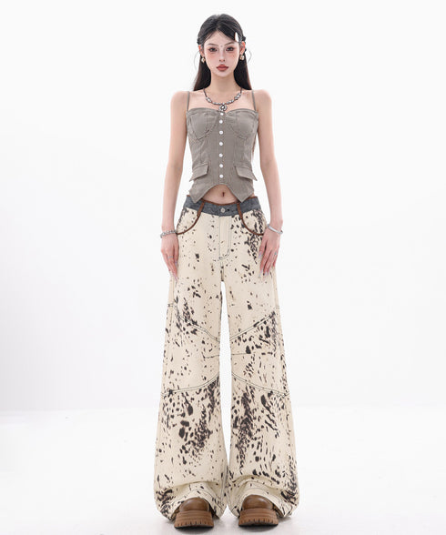 Speckled Panel Wide Denim Pants