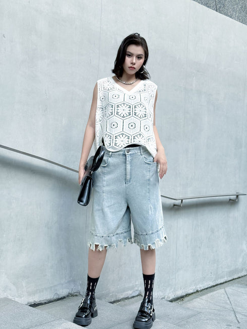Raw Fringe Wide Denim Shorts