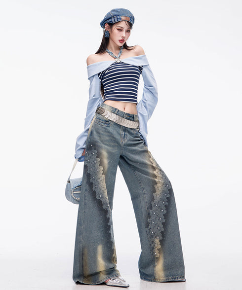 Crystal Dust Washed Wide Denim Pants